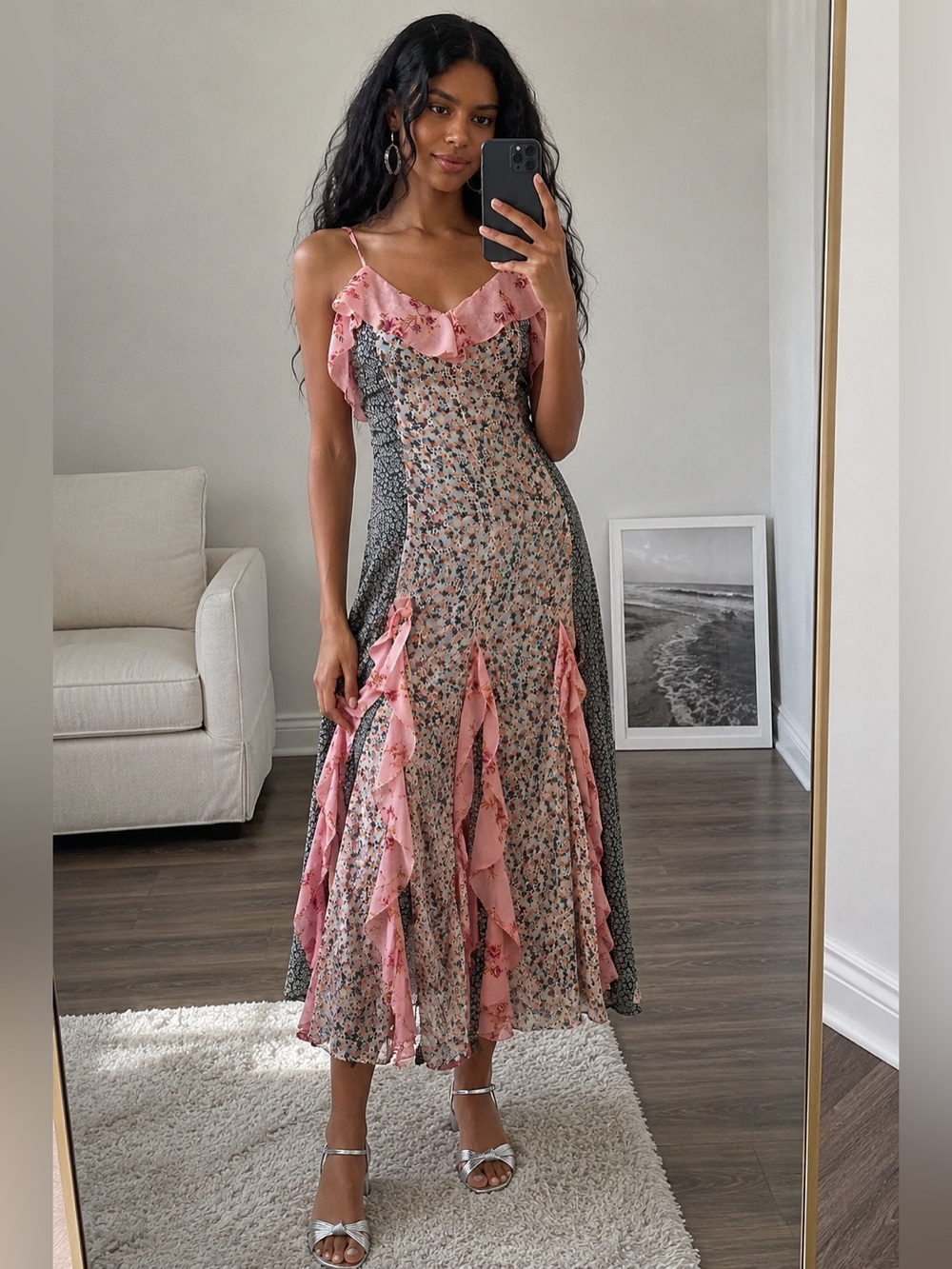 Floral Sleeveless V-Neck Ruffle Midi Dress